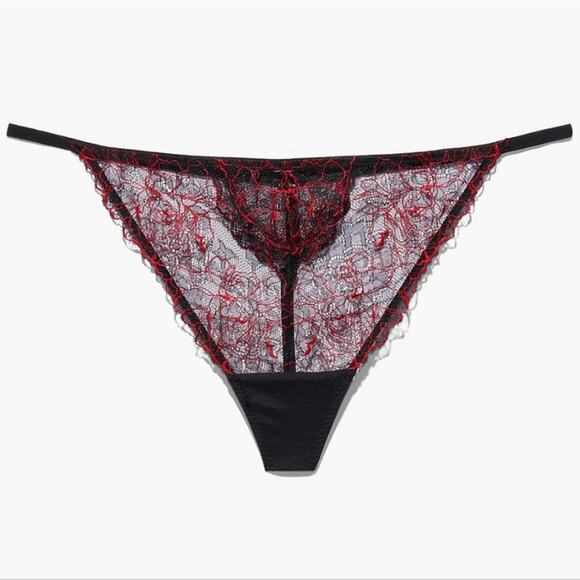 NWT Savage X Fenty Embroidered Lace G-String Thong Black Red 1X - Picture 1 of 6